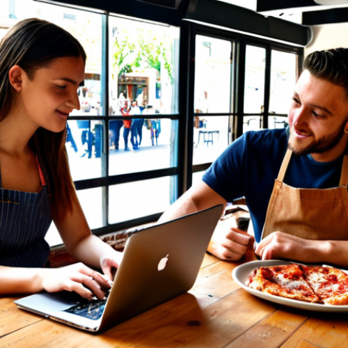 ** Authentic Assessment - Students collaboratively developing a social media strategy for a local Italian business (e.g., a pizzeria or artisan shop) on laptops in a sunlit, modern cafe. Focus on teamwork, creativity, and real-world application.

**