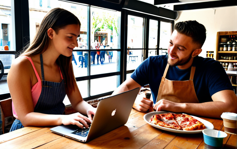 ** Authentic Assessment - Students collaboratively developing a social media strategy for a local Italian business (e.g., a pizzeria or artisan shop) on laptops in a sunlit, modern cafe. Focus on teamwork, creativity, and real-world application.
**