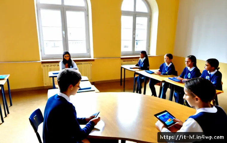 Home 11 학생 상호작용을 위한 도구 추천 - Photorealistic Italian secondary school classroom in Milan, diverse teenagers seated in a bright sem...